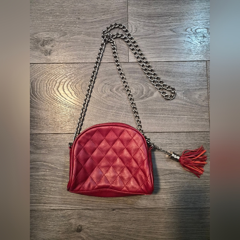 Danier leathet Quilted Red Crossbody Bag with Tassel Accent